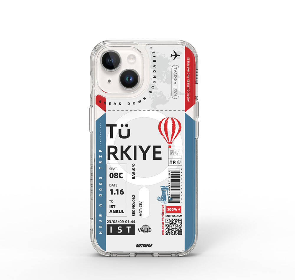 Wiwu Turkey B Serisi iPhone 15 M-safe Şarj Özellikli Bilet Desenli Telefon Kılıfı Wiwu Turkey B Serisi iPhone 15 M-safe Şarj Özellikli Bilet Desenli Telefon Kılıfı